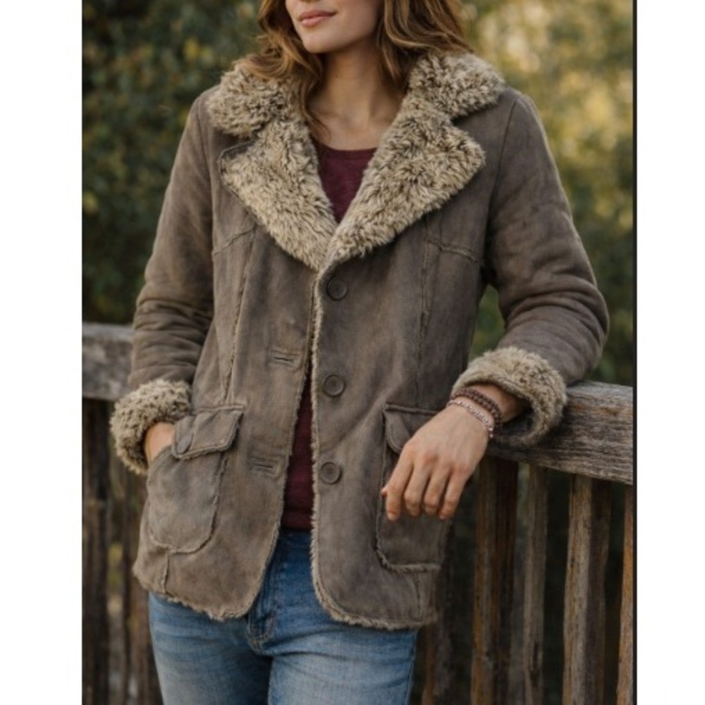 Sonoma‎ Life + Style Women's Brown Faux Suede Trim Shearling Jacket Size L